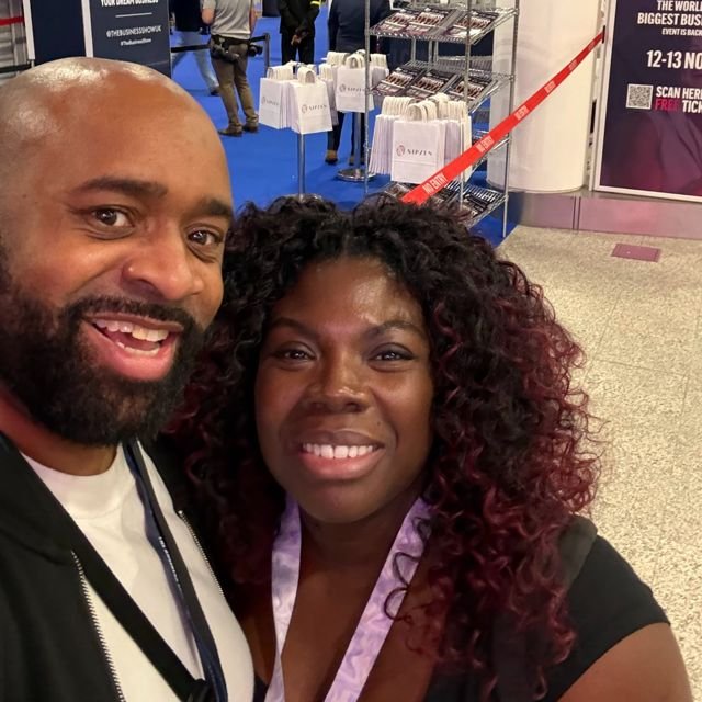 Bear and Carlene in a selfie at the entrance to The Business Show in London